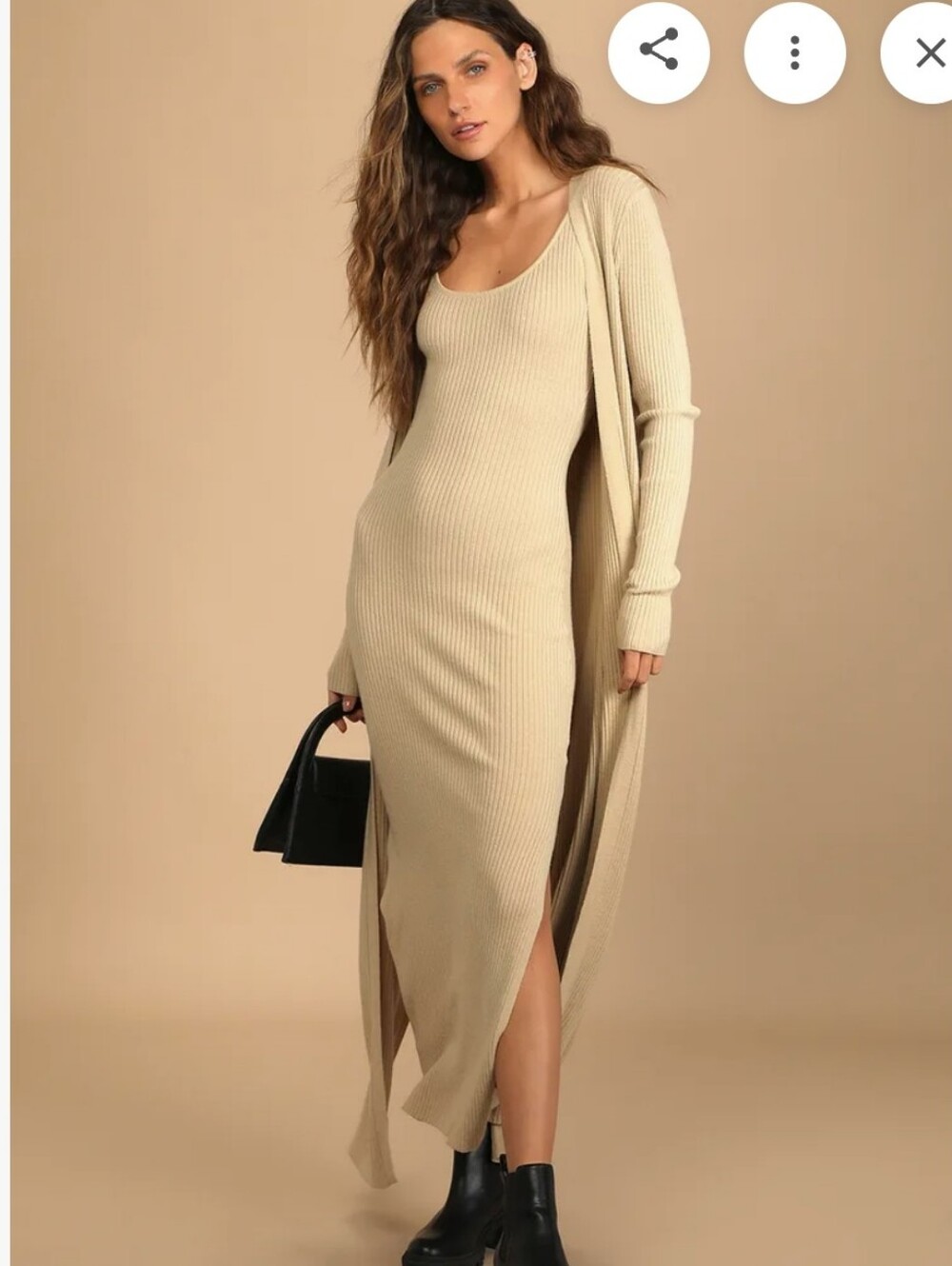 LULUS Set Ribbed Scoop Neck Maxi Dress Cardigan Beige Y2k Clean Beauty Quiet - Picture 1 of 7